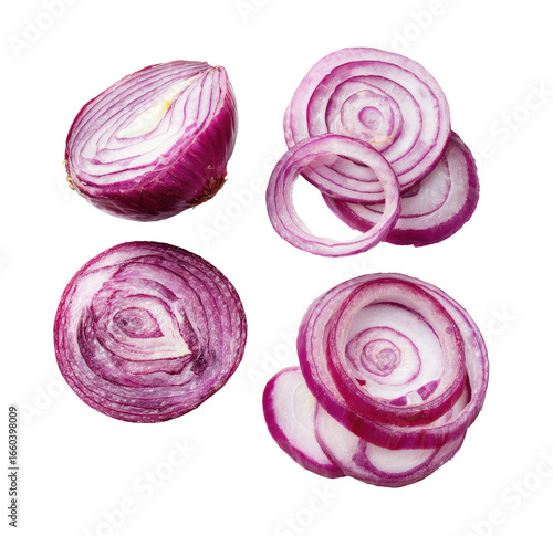 Close-up of sliced red onions.  Four sections show onion halves and rings, displaying vibrant purple hues and internal layers