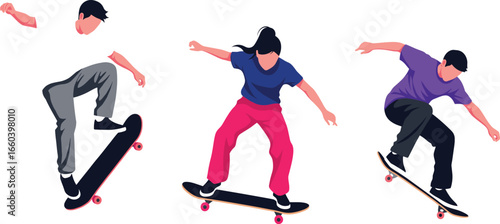 skateboarder silhouettes, performing tricks, extreme sports action, vector illustration, skateboarding poses, urban street sport, stunt moves, balance skills, dynamic motion