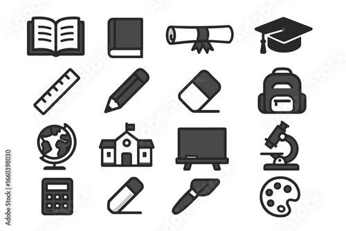 Education icons: books, graduation cap, microscope, school, art supplies, backpack, calculator