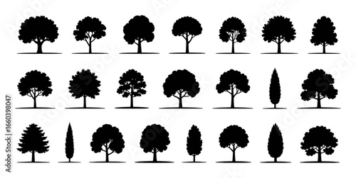 Collection of Black Silhouette Tree Icons on White Background