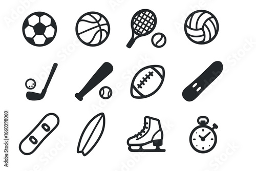 Assorted sports equipment icons set: balls, bats, rackets, skates, stopwatch
