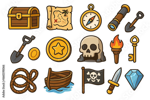 Vintage adventure icons: treasure map, skull, compass, chest, pirate flag