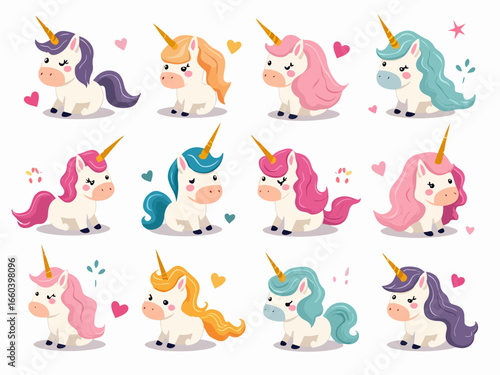 Cute Unicorn Pattern Set Featuring Colorful Cartoon Unicorns for Kids, Party Decor, and Fantasy Themes