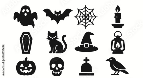 Spooky halloween icons: ghost, bat, cat, pumpkin, and more