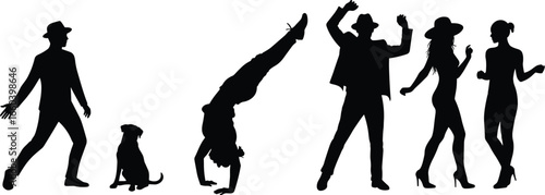 People and dog silhouettes, walking, dancing, handstand, posing, activity, motion, leisure, fun