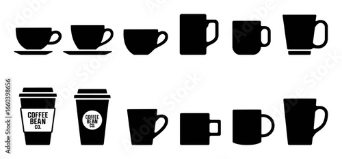 Collection of Black Silhouettes of Coffee Cups and Mugs