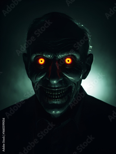 Horrific Glowing Eyes and Bloody Grin of a Terrifying Figure in the Dark