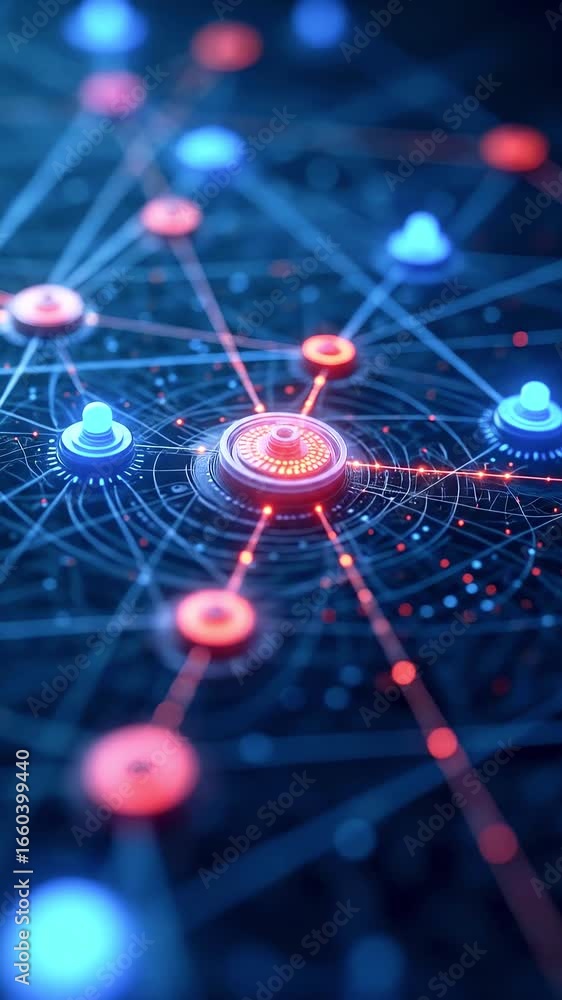 Abstract illustration of a digital network with interconnected nodes and glowing lines representing data flow Abstract illustration of a digital network with interconnected nodes and glowing lines representing data flow