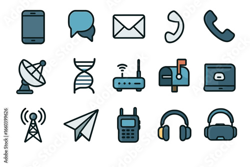 Communication icons set: devices and symbols for connectivity