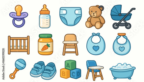 Baby essentials set: toys, clothing, feeding, nursery items illustrated