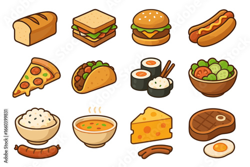 Cartoon food icons: bread, sandwich, burger, hot dog, pizza, taco, sushi, salad, rice, soup, cheese, steak