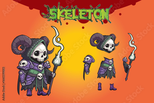 Cartoon skeleton sorcerer character with horned hood, glowing staff, and skull armor, shown in full body and separated parts for game or animation design.