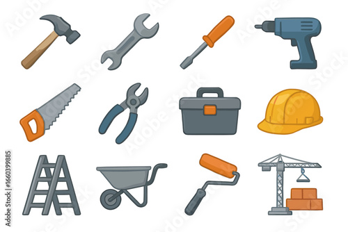 Assorted construction tools icons: hammer, drill, wrench, hard hat, toolbox, ladder, wheelbarrow
