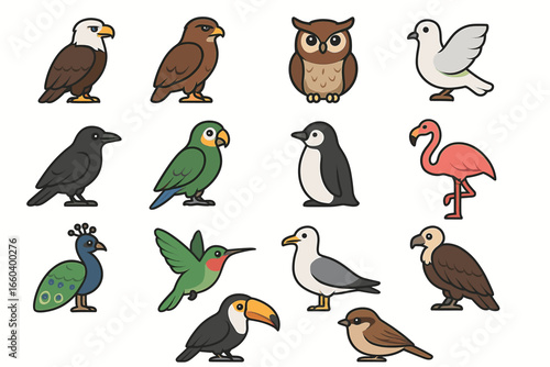 Colorful cartoon birds collection: owl, flamingo, penguin, eagle, parrot