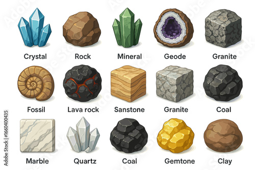 Various minerals and rocks: crystal, geode, fossil, and more