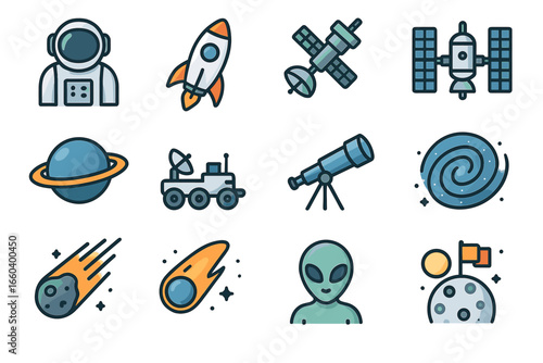 Space exploration icons: astronaut, rocket, satellite, telescope, alien, moon