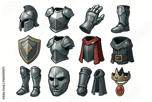 Medieval knight armor set with helmet, weapons, and accessories