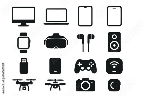 Set of electronic device icons: computers, tablets, headphones, camera, gaming, drones