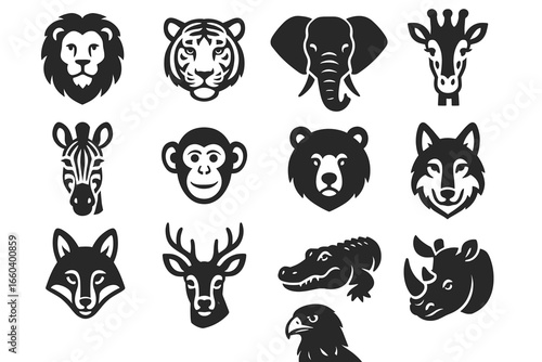 Collection of animal icons featuring lion, tiger, elephant, giraffe, and more in black-and-white style