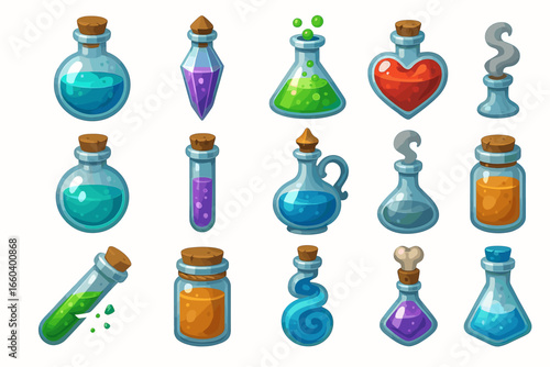 Collection of colorful fantasy potion bottles in various shapes and sizes