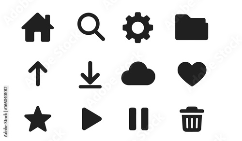 Essential black icons: home, search, settings, file, cloud, heart, star, play, pause, trash