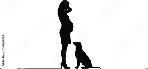 Pregnant woman silhouette, dog, pet love, family, care, companionship, bond, outdoor