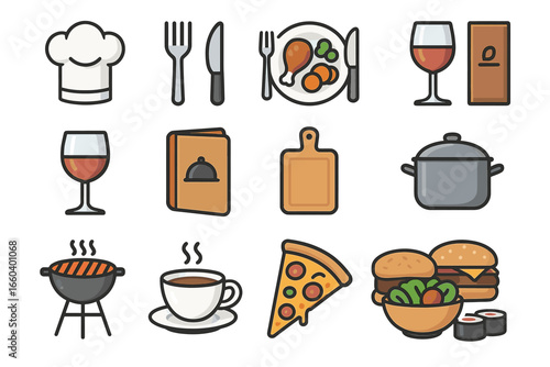 Culinary icons: chef hat, utensils, food, wine glass, cooking tools