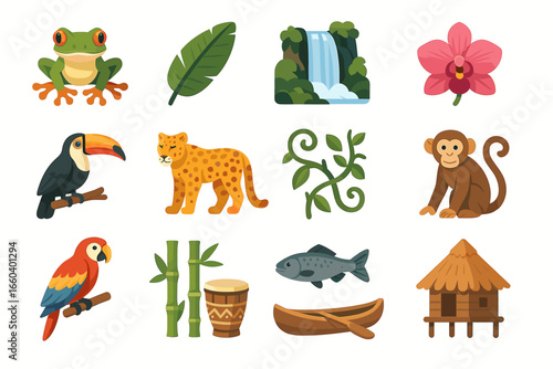 Colorful jungle icons: animals, plants, and nature elements in cartoon style