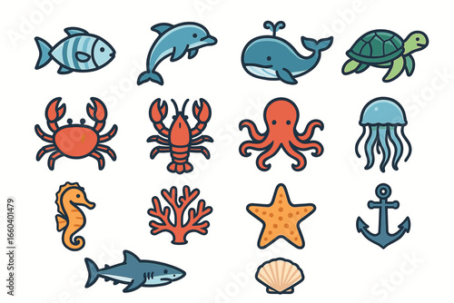 Colorful cartoon sea creatures collection with fish, dolphin, whale, and more