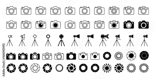 Collection of Camera and Photography Icons: Cameras, Tripods, and Apertures