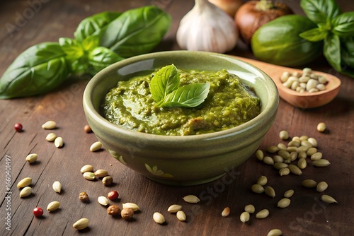Fresh homemade basil pesto with pine nuts and garlic ingredients