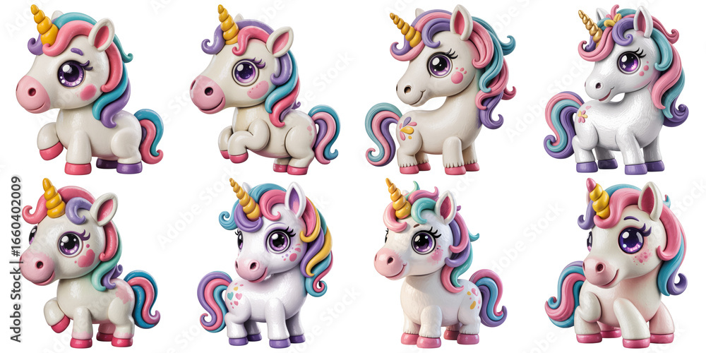 Naklejka premium Adorable Unicorns With Rainbow Manes isolated on a transparent background fantasy magical