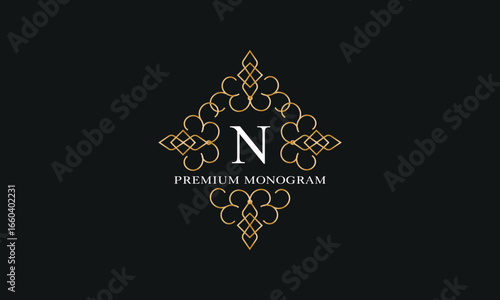 Premium Monogram. Golden logo with initial letter N in the center and text on dark background. Elegant design for business, company logo, restaurant, heraldry, hotel, boutique