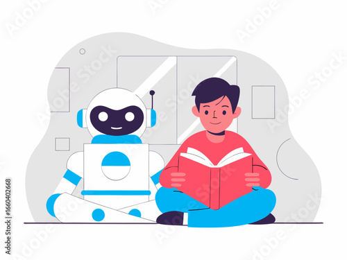 Boy sitting with robot learning new words in tech-enabled cartoon reading environment