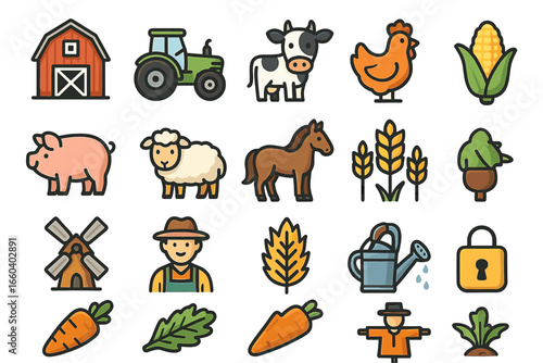 Farm elements icons: barn, tractor, cow, chicken, corn, pig, sheep, horse