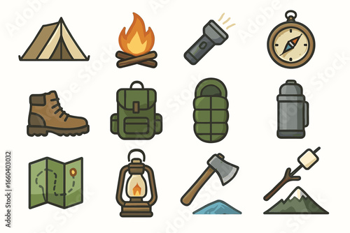 Camping essentials: tent, campfire, flashlight, compass, boots, backpack, sleeping bag, thermos, map, lantern, axe, marshmallow, mountain