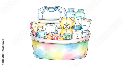 Soft pastel watercolor illustration of rainbow baby organizer filled with folded clothes, teddy bear, bottles for nursery storage and organization solutions isolated on transparent and white backgroun