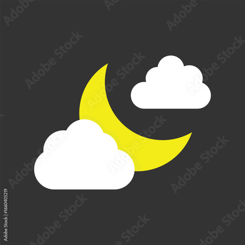 weather icon with crescent moom and clouds, flat night forecast symbol for cloudy night sky