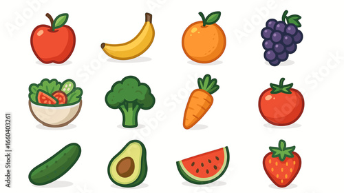 Colorful cartoon fruits and vegetables collection on white background