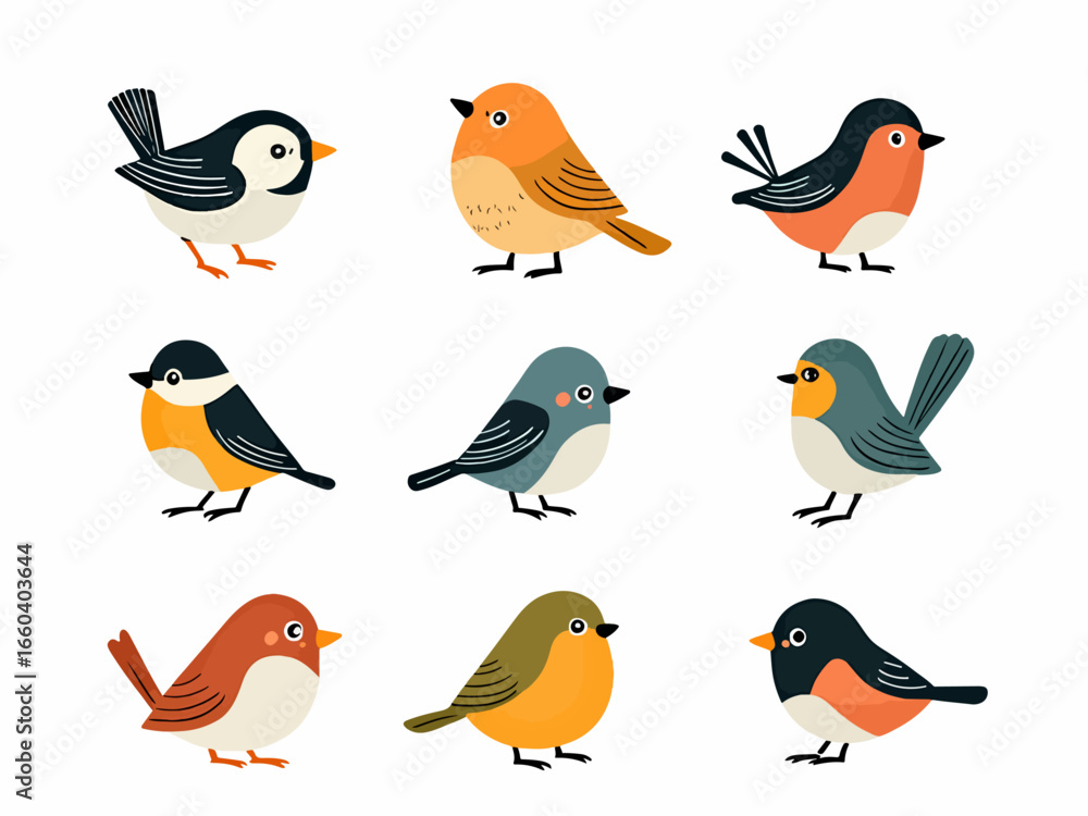 Fototapeta premium A set of flat vector illustrations in children's style. Cute birds sitting and flying