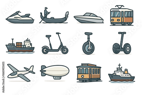 Collection of various modern and vintage transportation modes: trains, boats, aircraft, scooters
