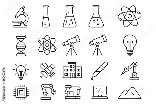 Science and technology icons set featuring microscope, dna, atom, telescope, robotics, lightbulb