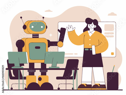 Colorful cartoon scene of tech-savvy robot teaching happy student