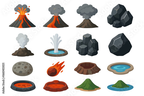 Variety of volcanic elements and rocks in cartoon style