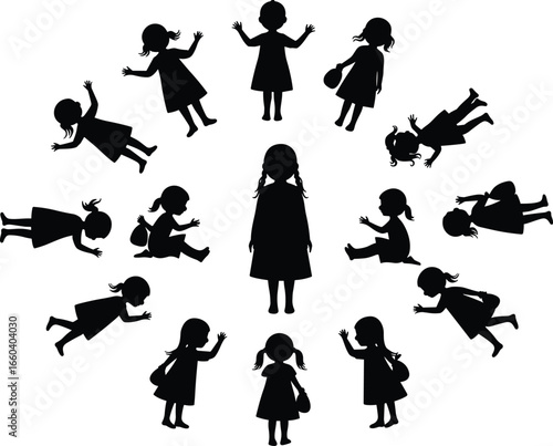 Silhouette girl in multiple poses, child character vector, flat cad drawing illustration, isolated black figure, children activity concept design