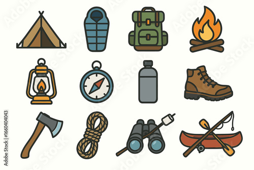 Camping icons: tent, fire, backpack, sleeping bag, outdoor gear and tools