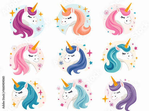 Cute collection of unicorn variety of poses and pony collection with magic items, Cartoon fantasy style, Unicorn hand drawn doodles, Vector design illustration.
