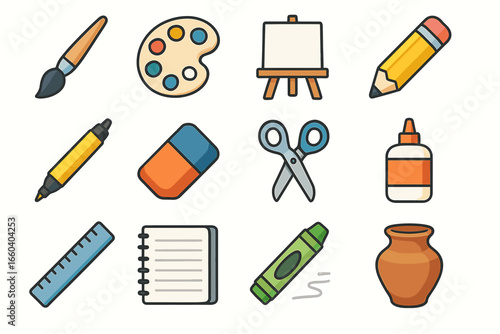 Colorful art and craft supplies: brush, palette, easel, pencil, and more
