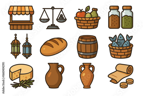 Medieval market icons: scales, baskets, bread, lanterns, and more