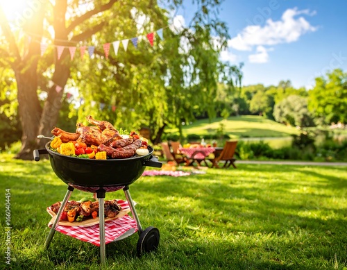 Outdoor barbecue feast under a bright sky